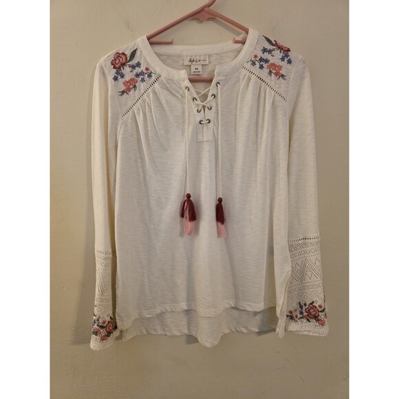 Style & Co. Women's Size PS Floral Embroidered Long Sleeve Peasant Boho Blouse - Picture 1 of 8